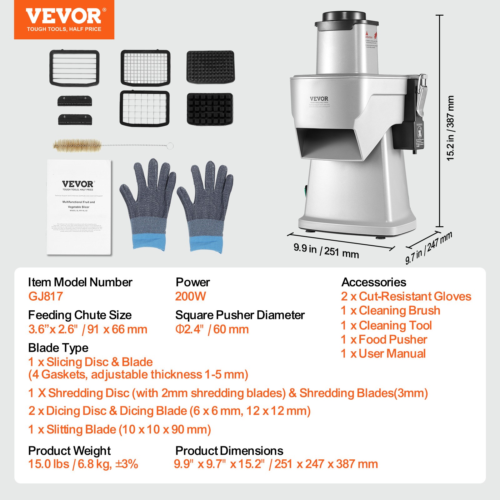 VEVOR Electric Vegetable Slicer 4 in 1 Food Cutter 200W Vegetable Chopper Dicer