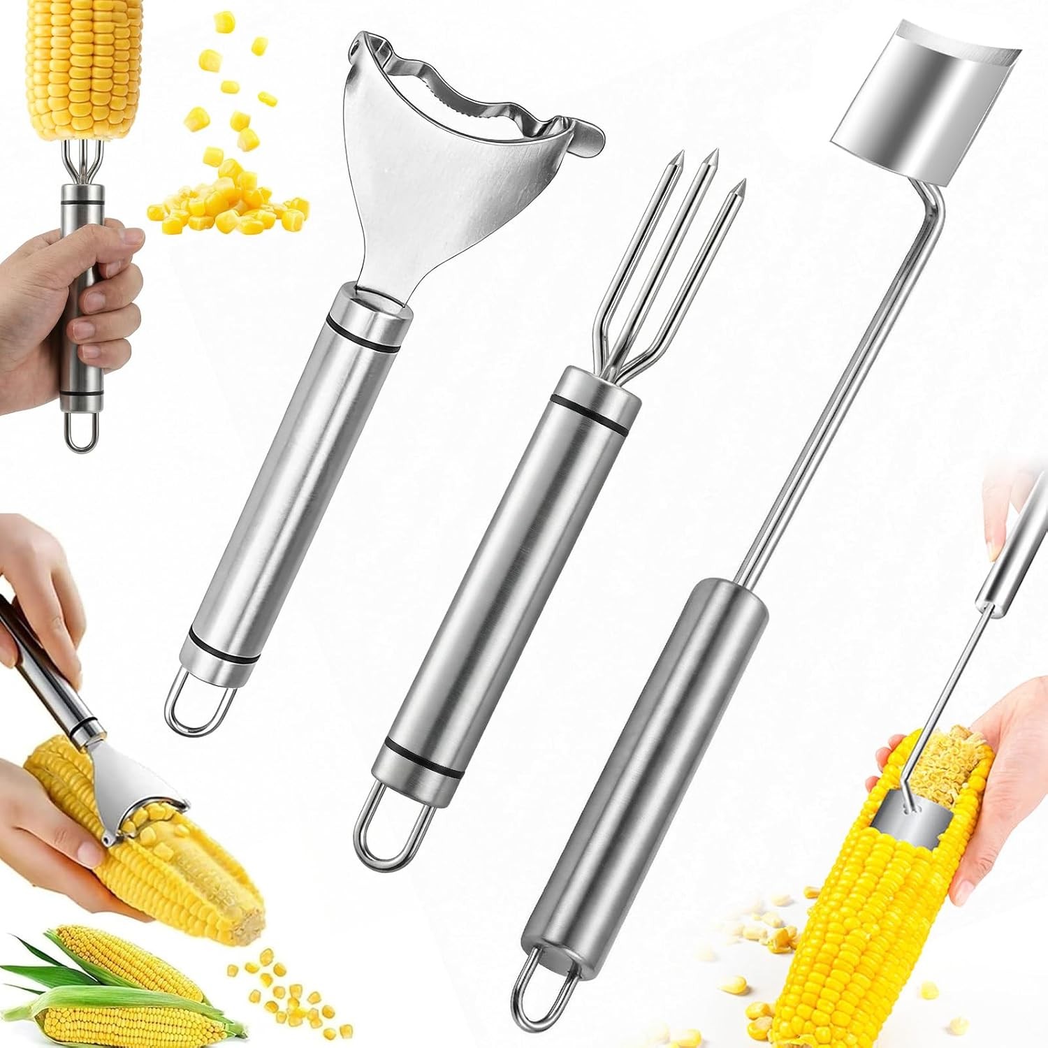 3x Kitchen Cutter Thresher Tool Stainless Steel Corn Cob Peeler Stripper Remover