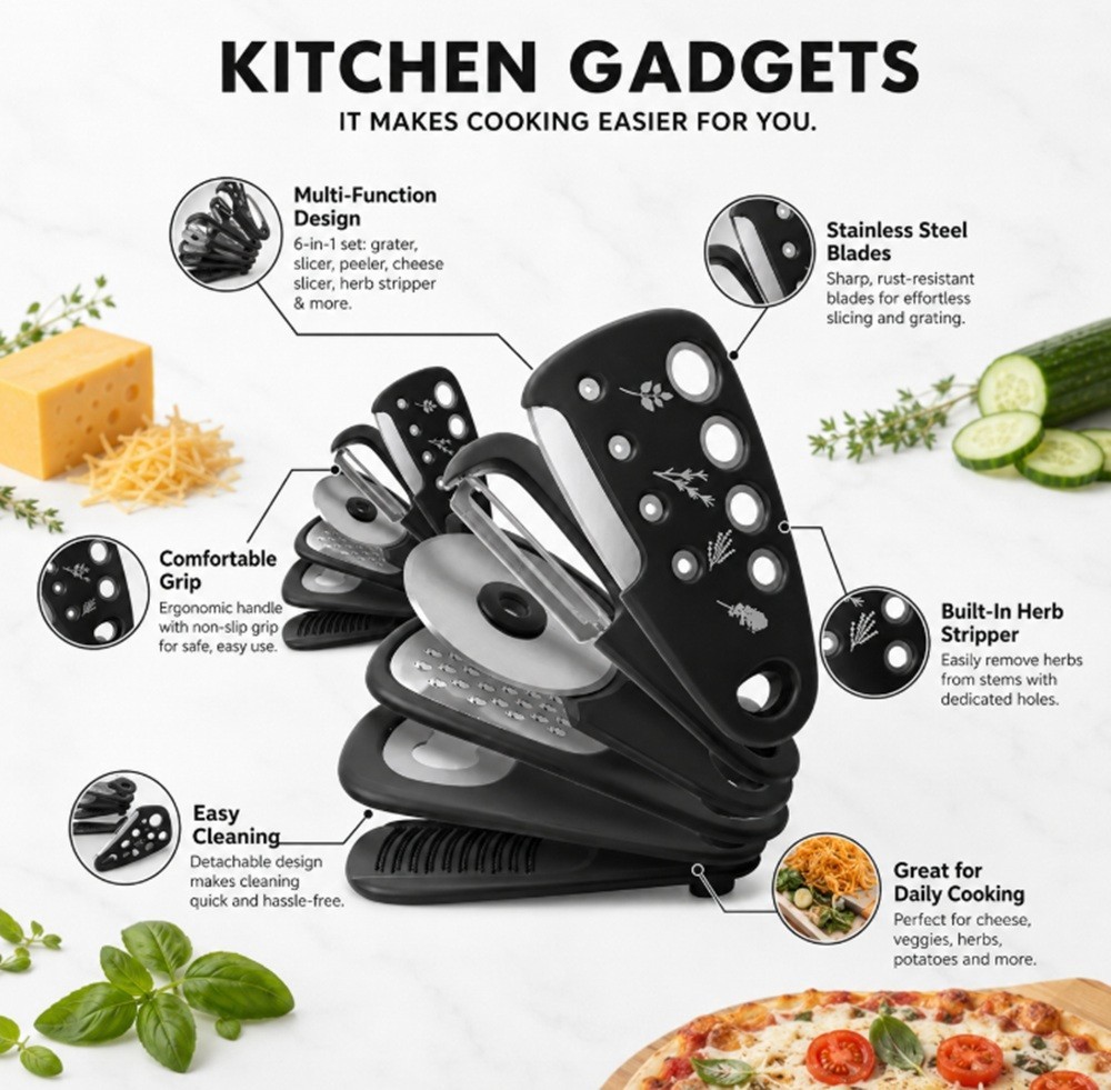 6 Ps Kitchen Gadgets Set, Space-Saving Tool-Cheese Grater, Bottle Opener, Peeler