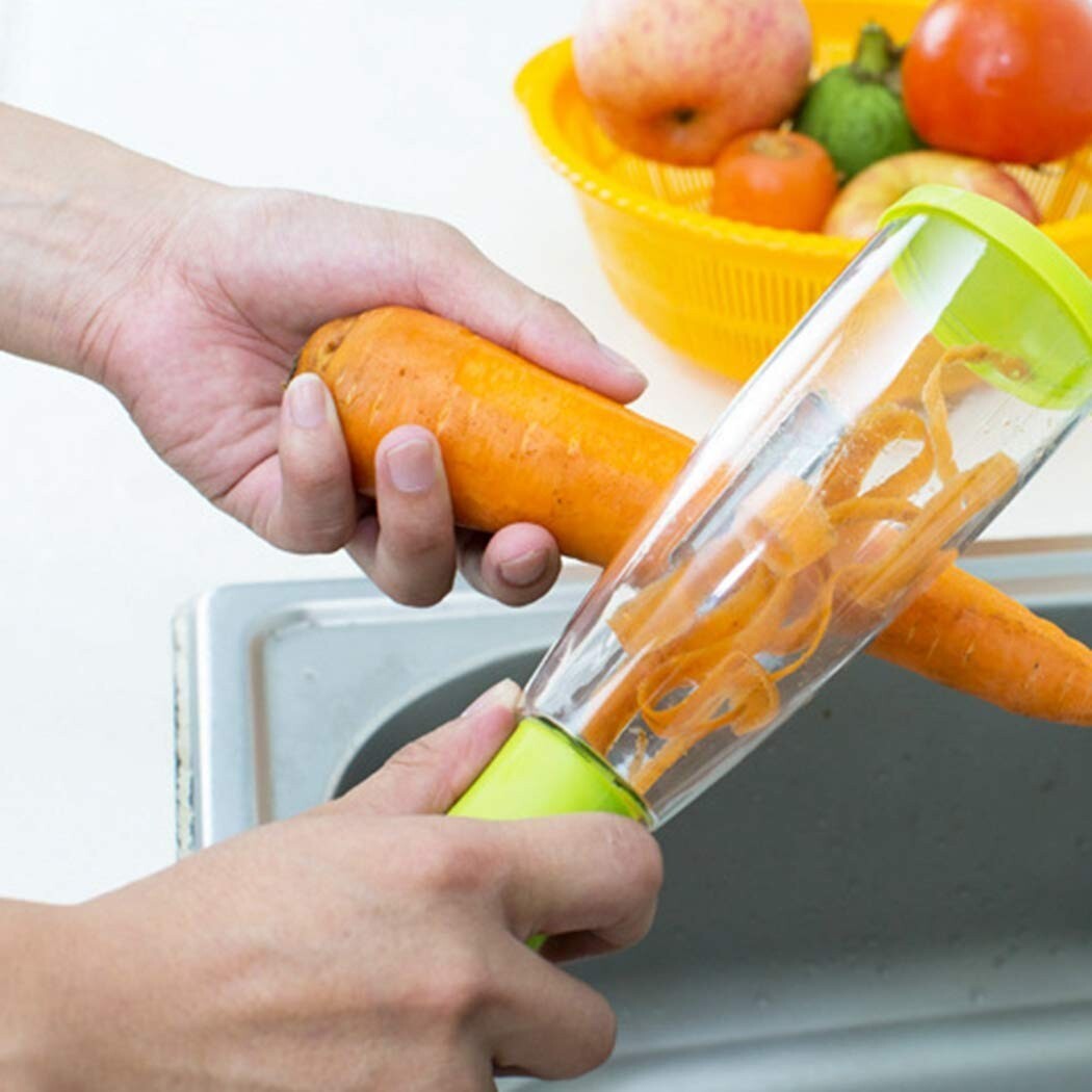 2-In-1 Vegetable Peeler Stainless Steel Fruit with Peel Storage Bin Easy Clean