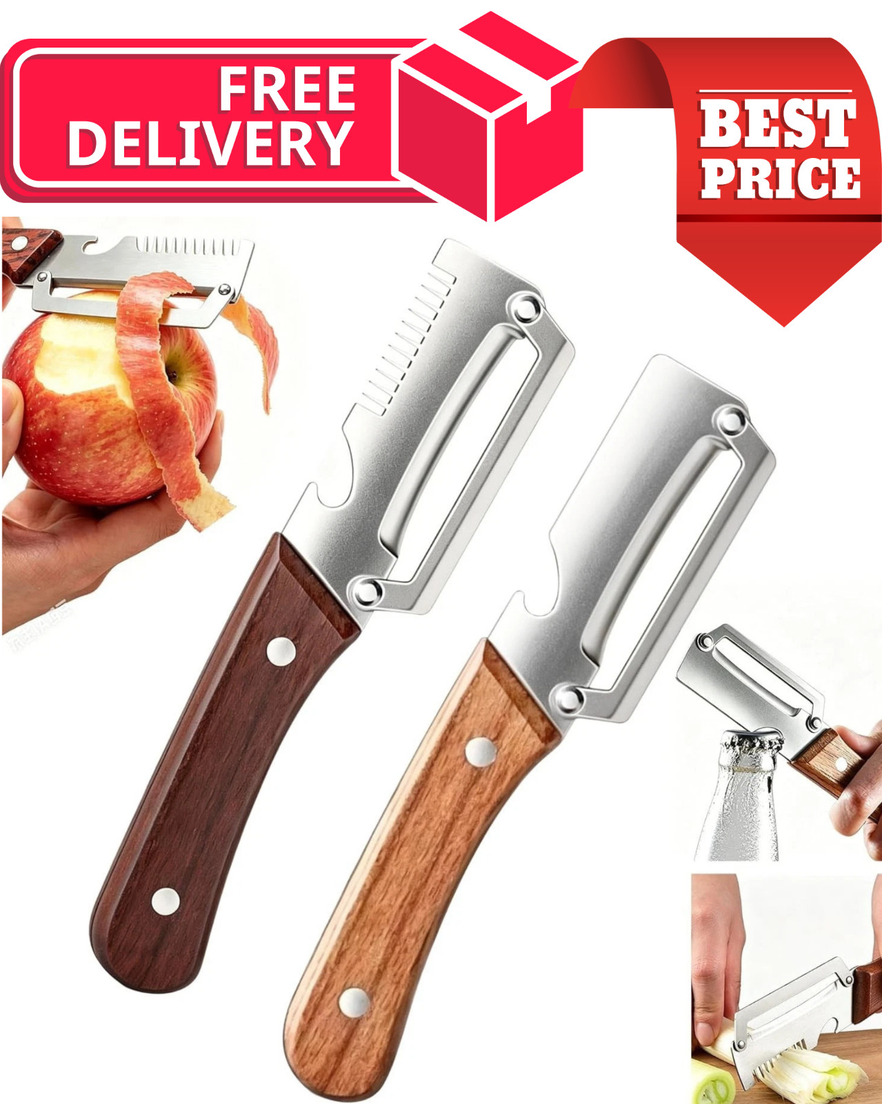 2 PCS 3-in-1 Multifunctional Vegetable Peeler with Wooden Handle,Julienne Slicer
