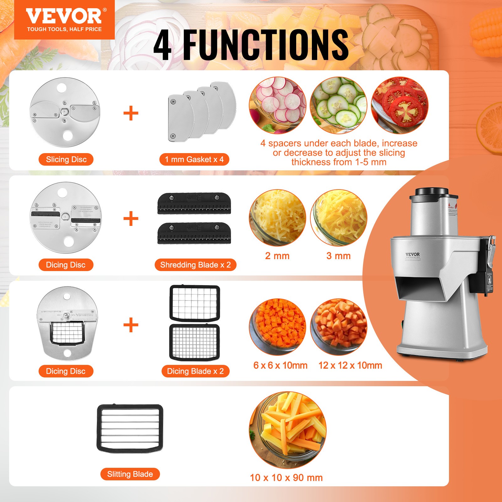 VEVOR Electric Vegetable Slicer 4 in 1 Food Cutter 200W Vegetable Chopper Dicer
