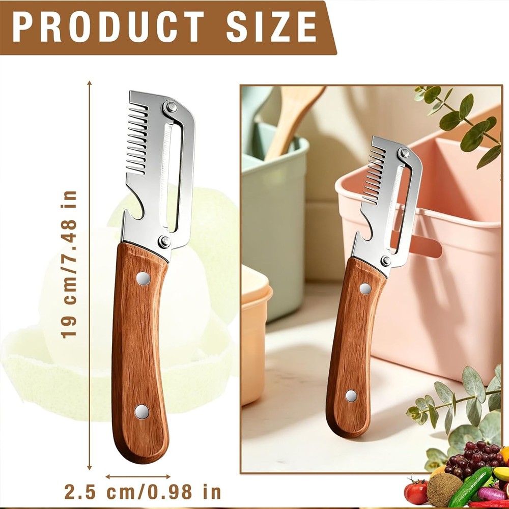 2 Pack 3 in 1 Vegetable Peeler with Wooden Handle,Stainless Steel Blade Peeler