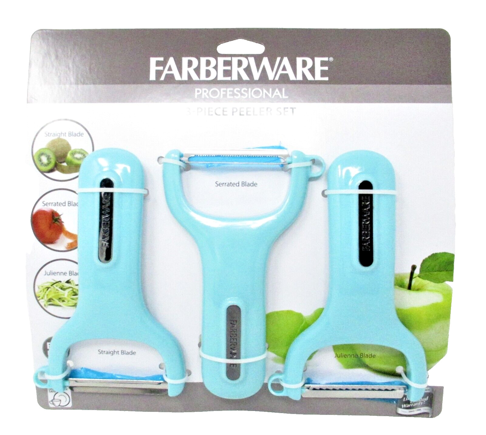 Farberware Peeler Set 3pc Aqua vegetable julienne serrated straight blades