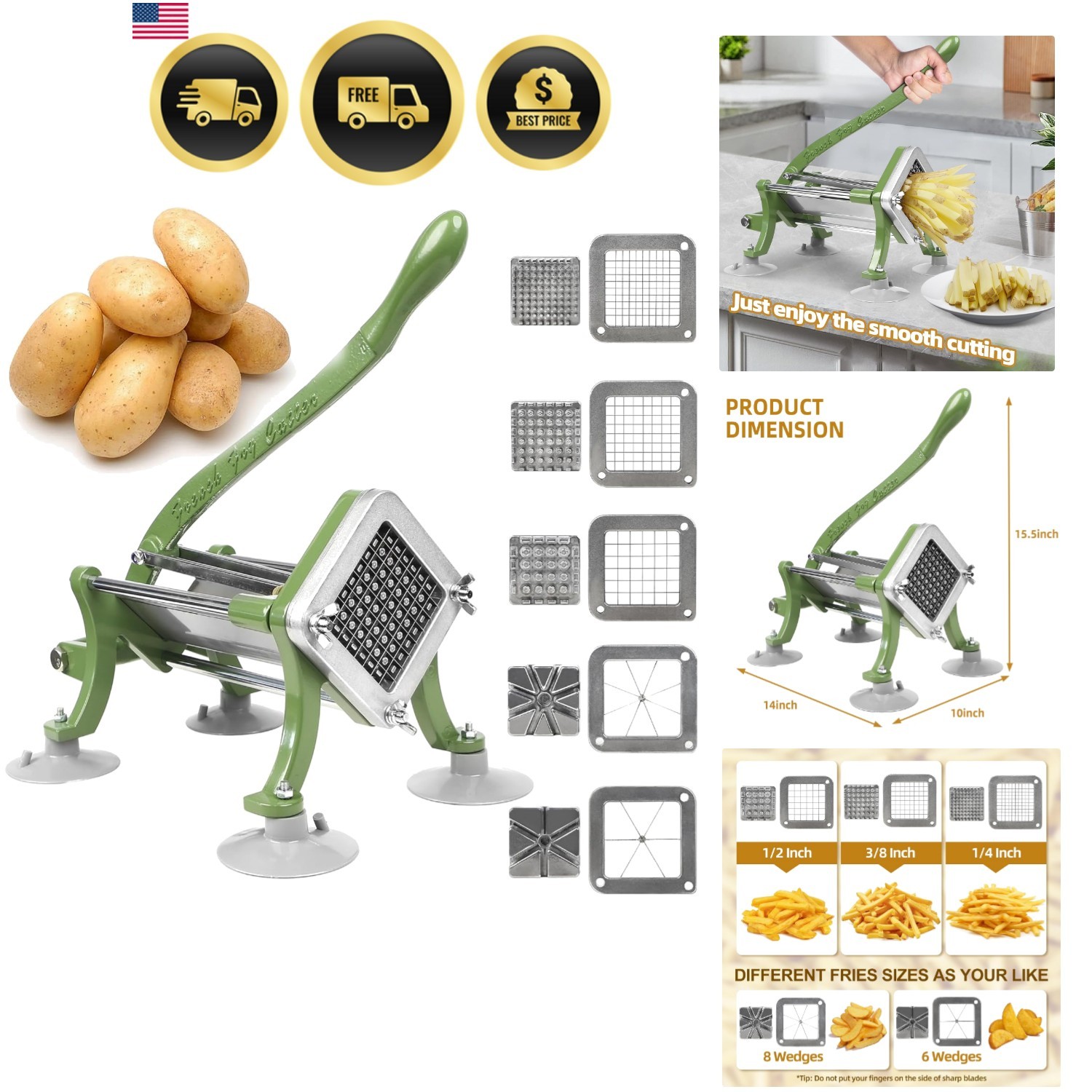 French Fry Cutter Commercial Potato Slicer with Suction Feet Complete Set, In…
