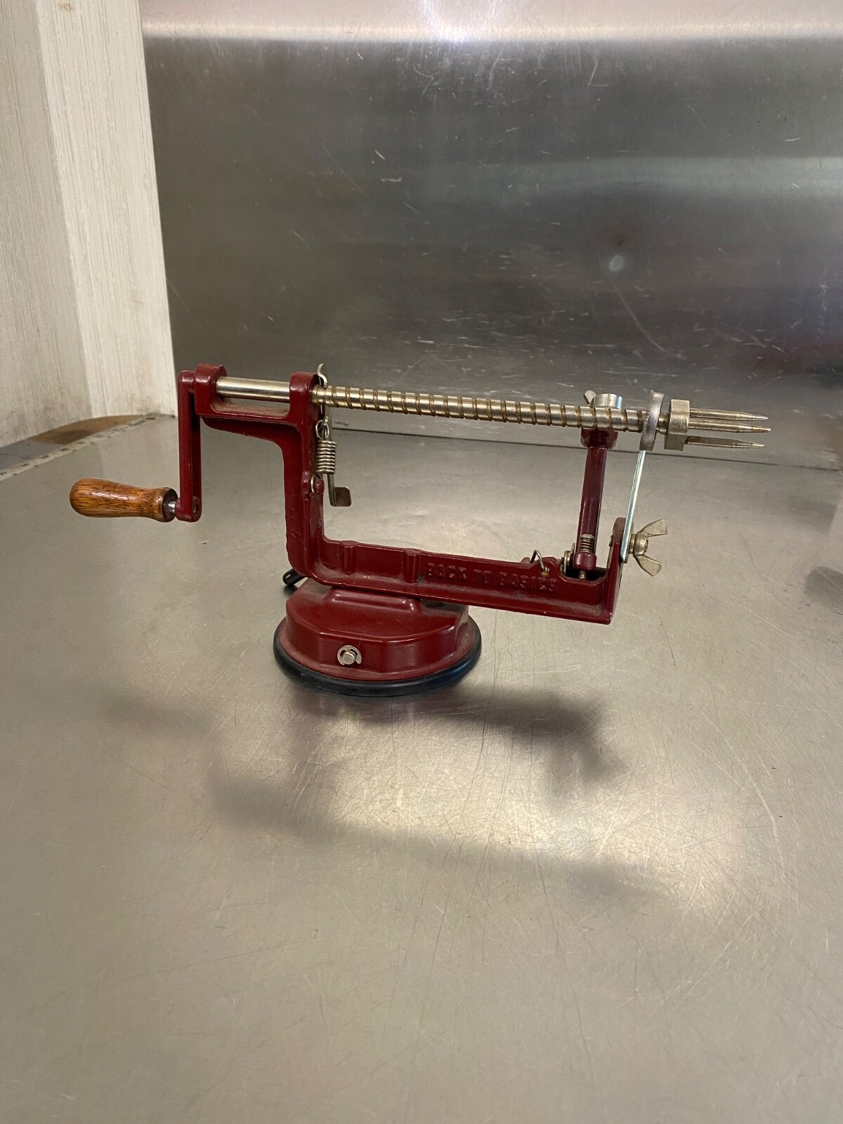 Vintage Red Peel Away Apple Potato Peeler Slicer W/Suction Base
