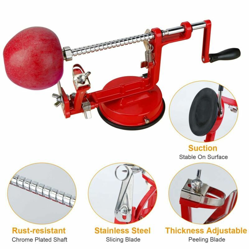 Apple Peeler Fruit Slicer Corer with Stainless Steel Blades and Suction Base Red