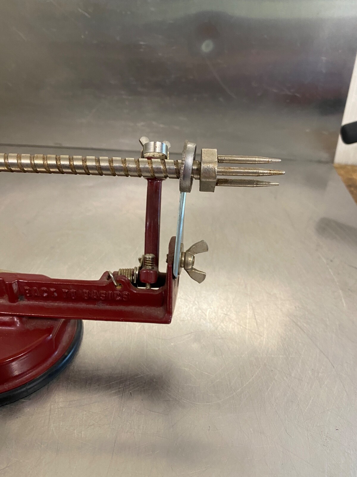Vintage Red Peel Away Apple Potato Peeler Slicer W/Suction Base