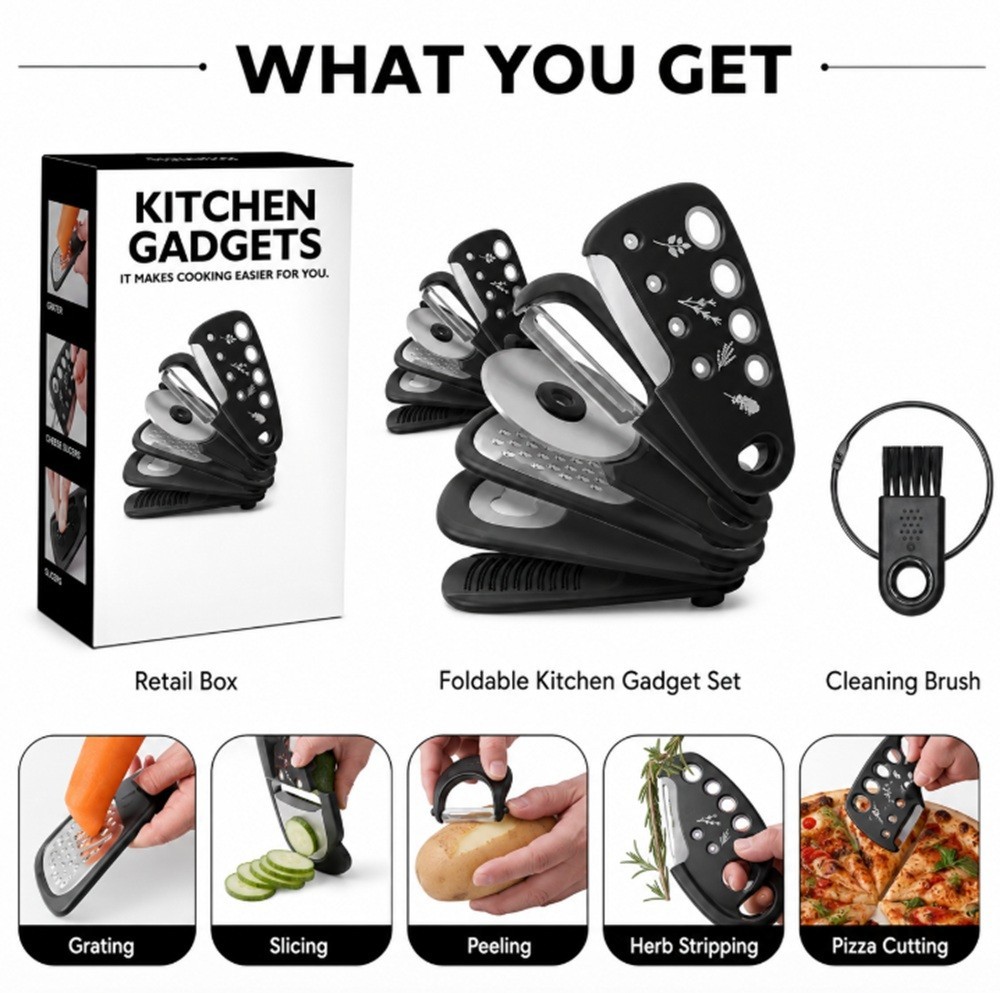6 Ps Kitchen Gadgets Set, Space-Saving Tool-Cheese Grater, Bottle Opener, Peeler