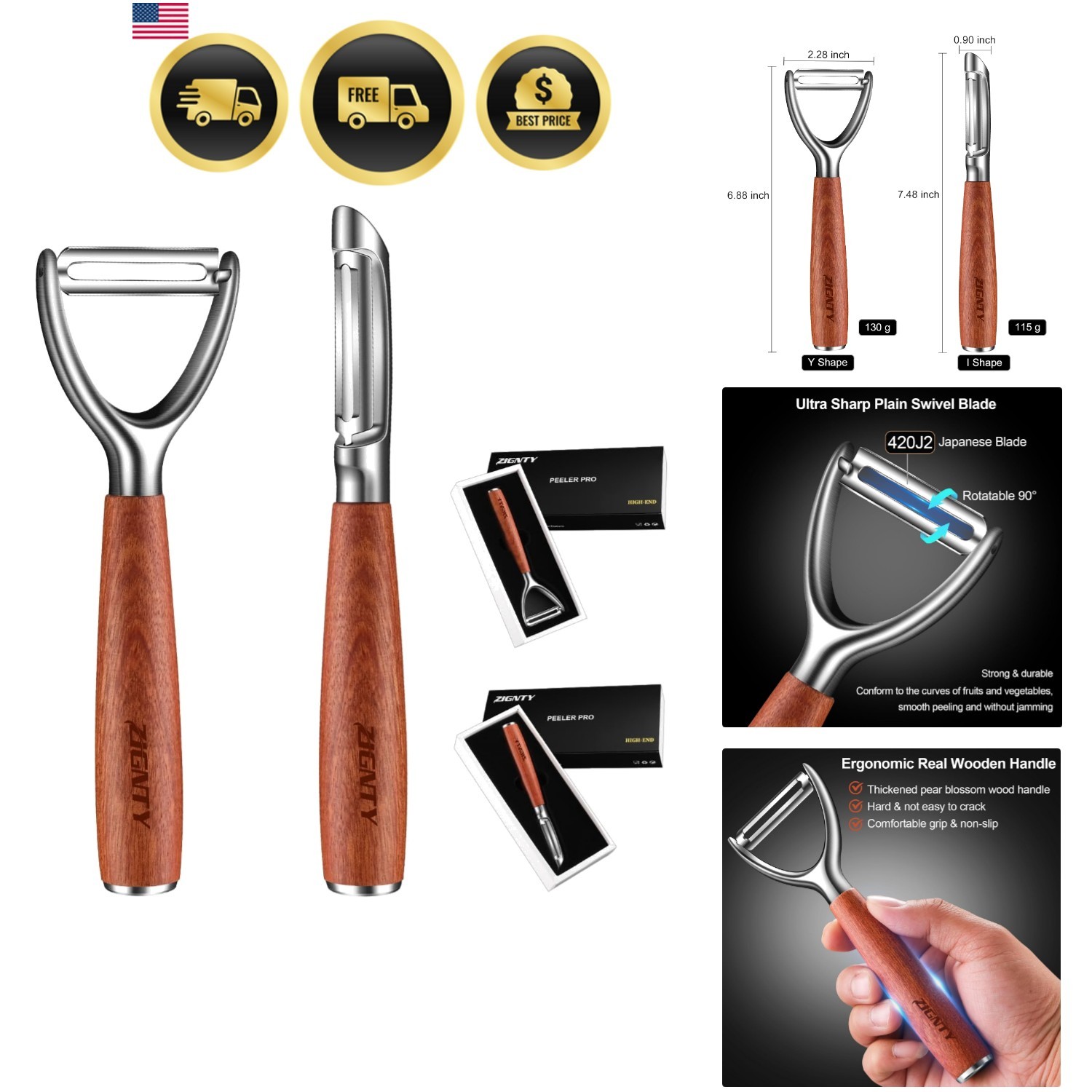 Vegetable Fruit Peeler Stainless Steel Sharp Kitchen Tool Ergonomic Wooden Ha…