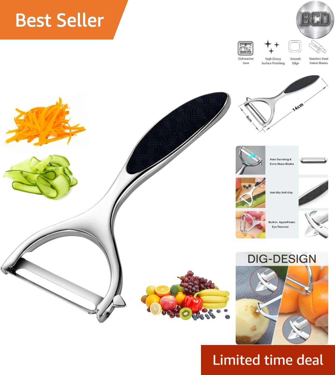 Stainless Steel Y Peeler with Non-Slip Grip – Effortless Peeling, 1 Pack