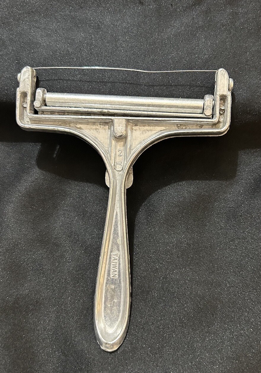 Vintage Aluminum Cheese Slicer Wire Cutter Plastic Roller Adjustable
