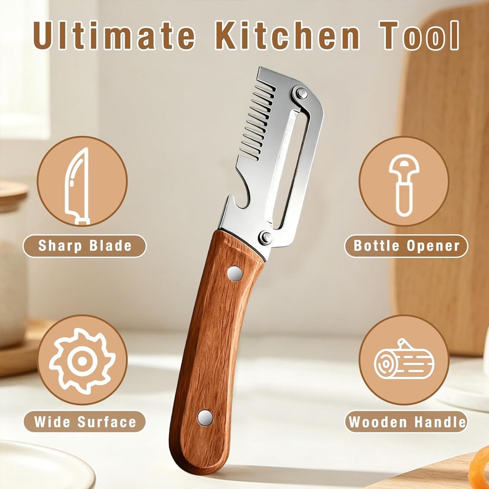 2 Pack 3 in 1 Vegetable Peeler with Wooden Handle,Stainless Steel Blade Peeler