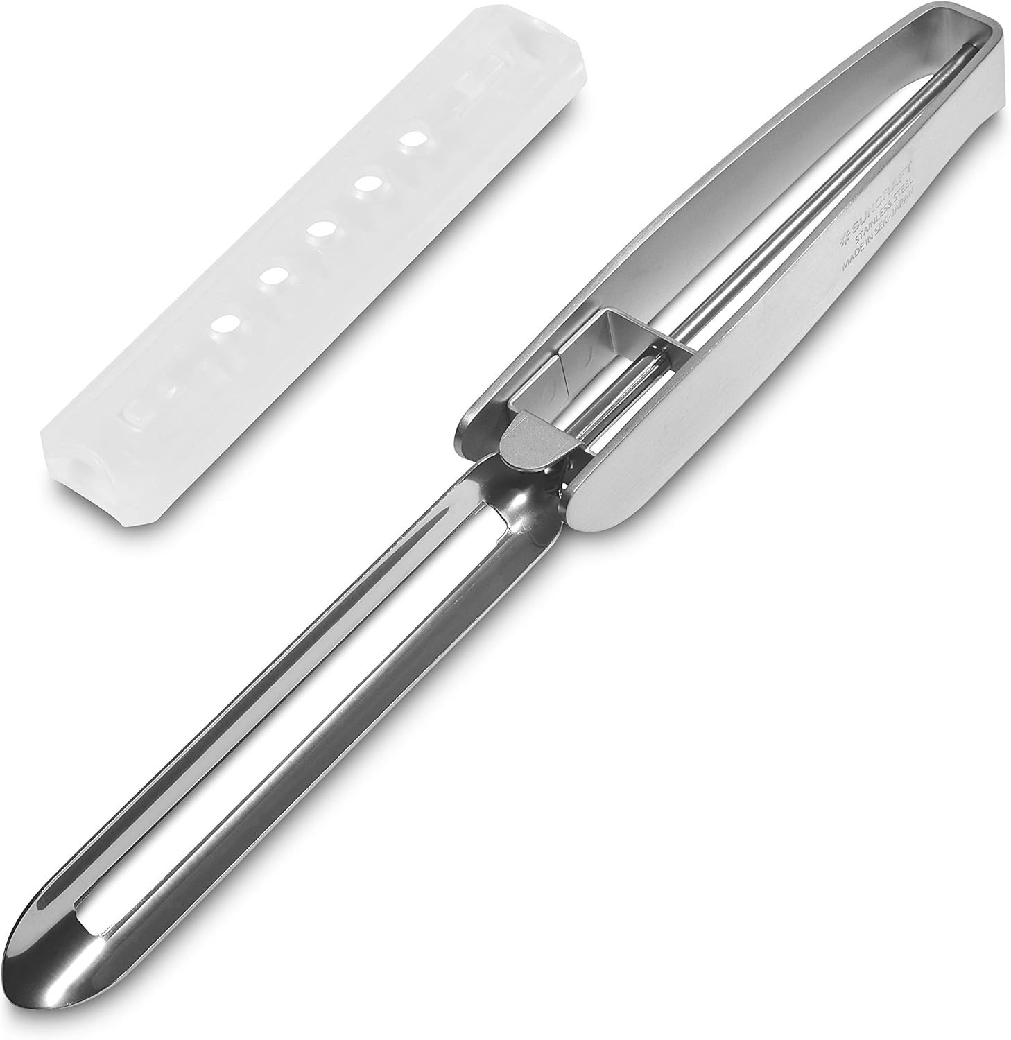 Stainless Steel Peeler, Long Vegetable Peeler, plastic safety cover, Seki Japan