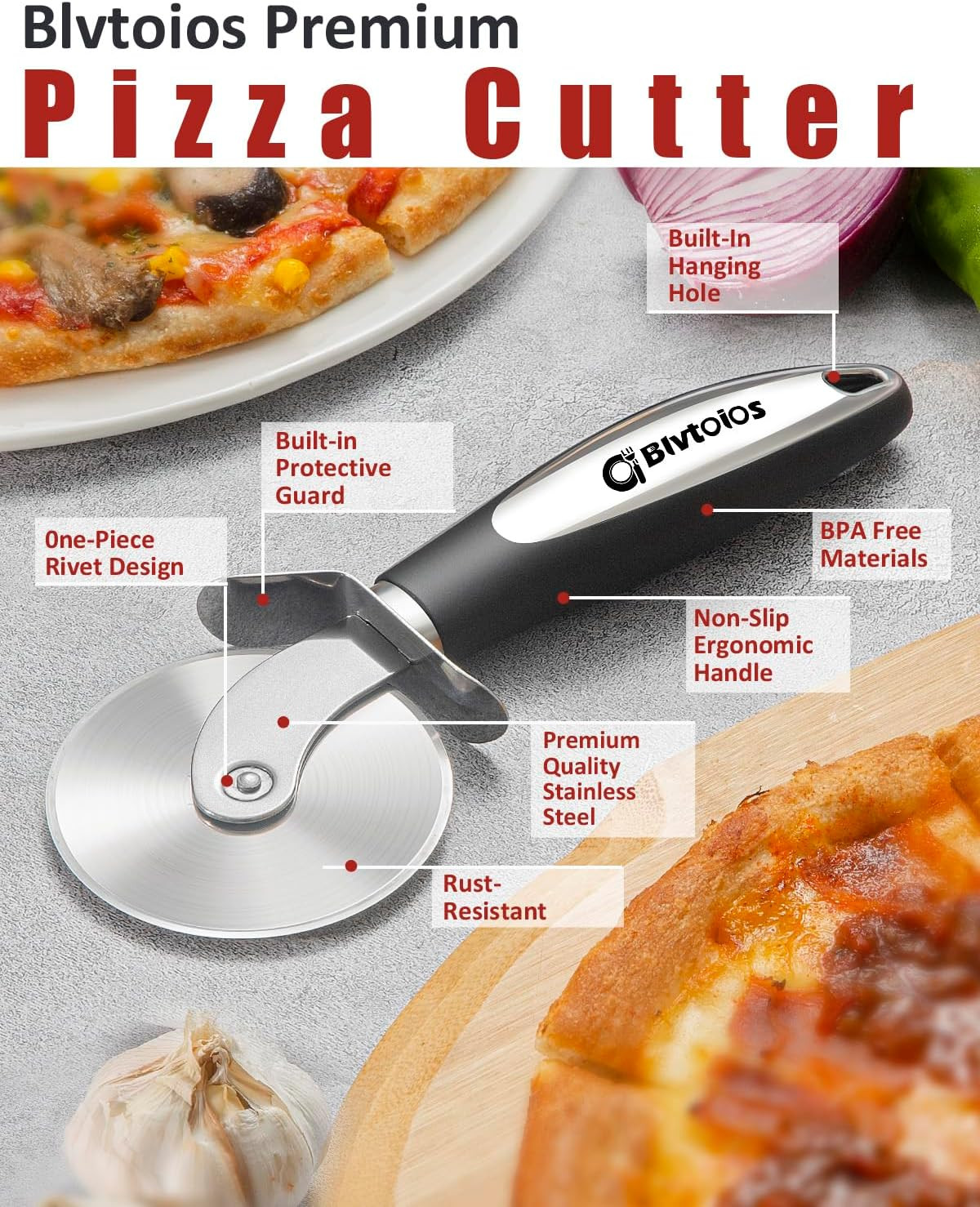 Stainless Steel Pizza Cutter Wheel with Ergonomic Non-Slip Handle and Guard