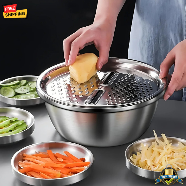 1 set 3pcs Stainless Steel Vegetable Slicer Set with Washing Basin-Drain Basket