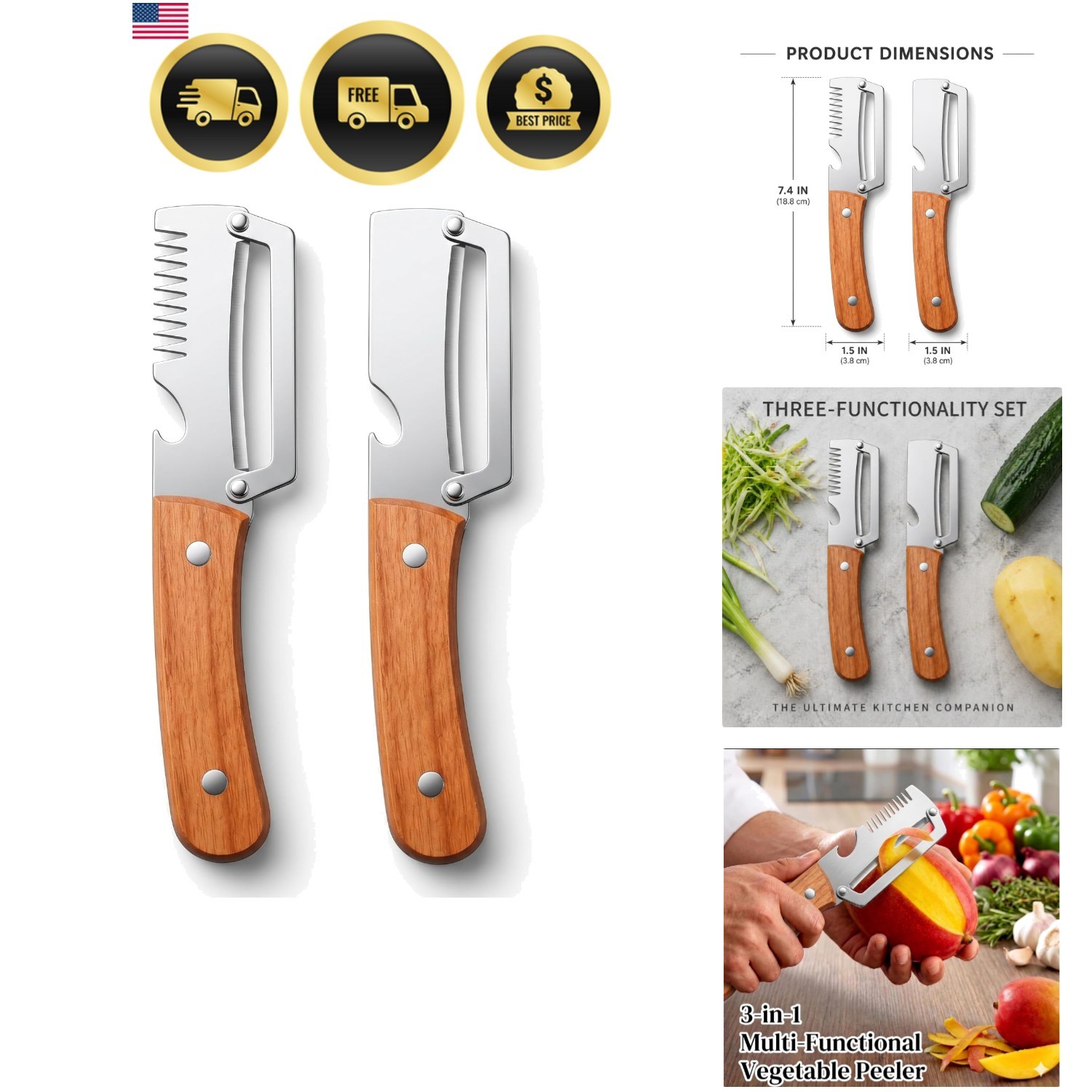 Vegetable Peeler Stainless Steel Multi-Function 2-in-1 3-in-1 Kitchen Tool
