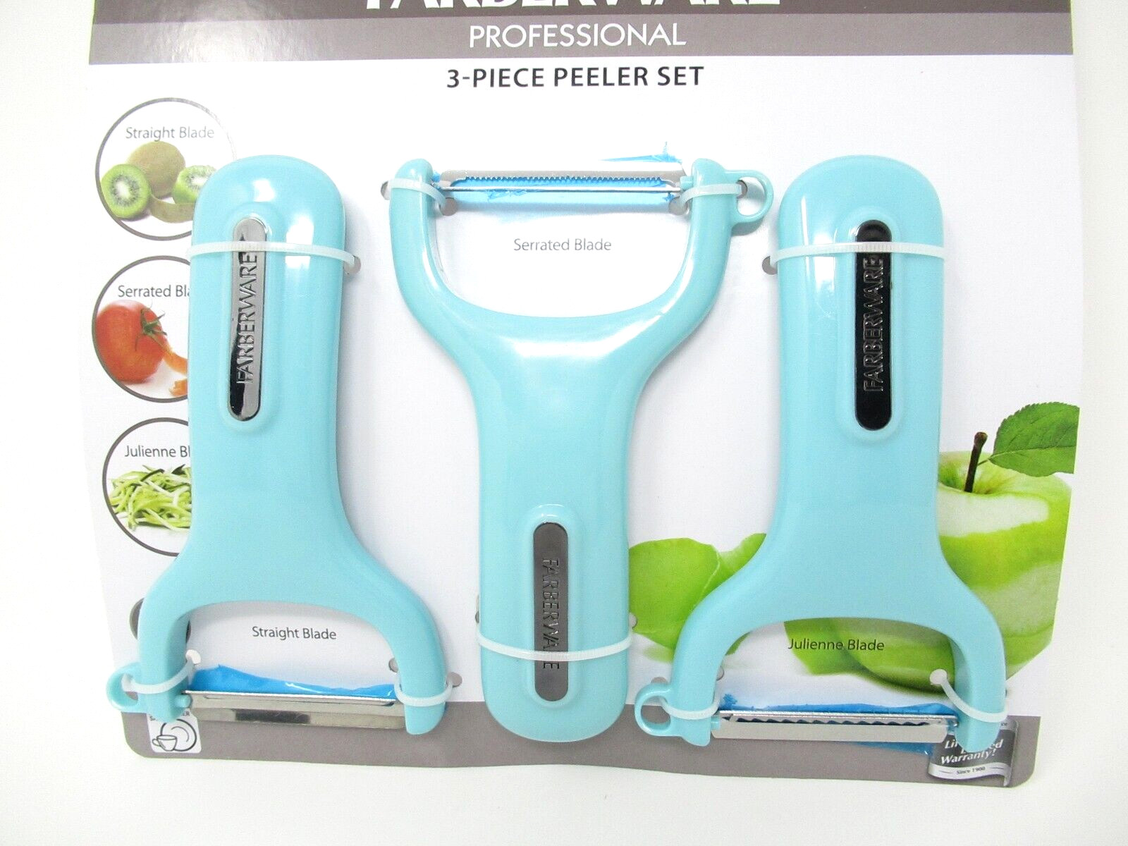 Farberware Peeler Set 3pc Aqua vegetable julienne serrated straight blades