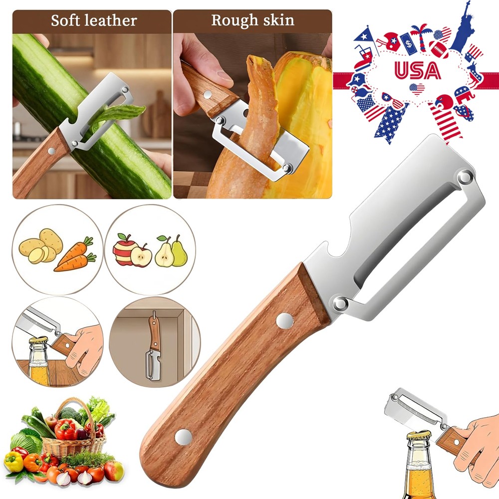 2 Pack 2 in 1 Multi Functional Vegetable Peeler with Bottle Opener and Wooden Ha