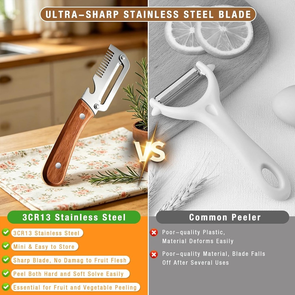 2 Pack 3 in 1 Vegetable Peeler with Wooden Handle,Stainless Steel Blade Peeler