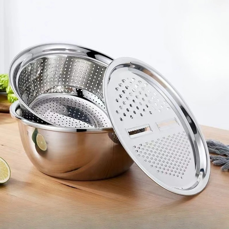 1 set 3pcs Stainless Steel Vegetable Slicer Set with Washing Basin-Drain Basket