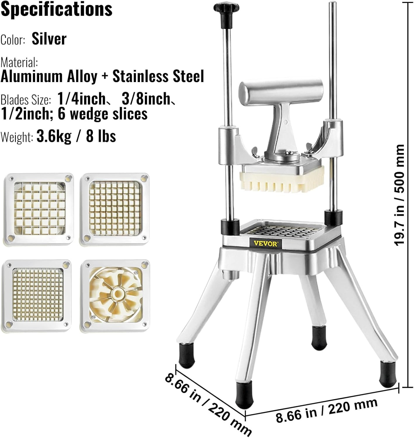Commercial Vegetable Fruit Chopper, Stainless Steel French Fry Cutter W/ 4 Blade