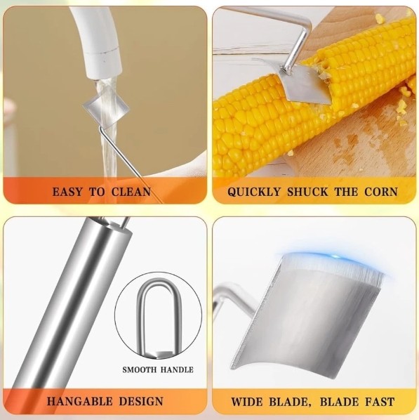 2PC Corn Peeler Stainless Steel Corn Cob Stripping Tool w/ Hook Long Handle Corn