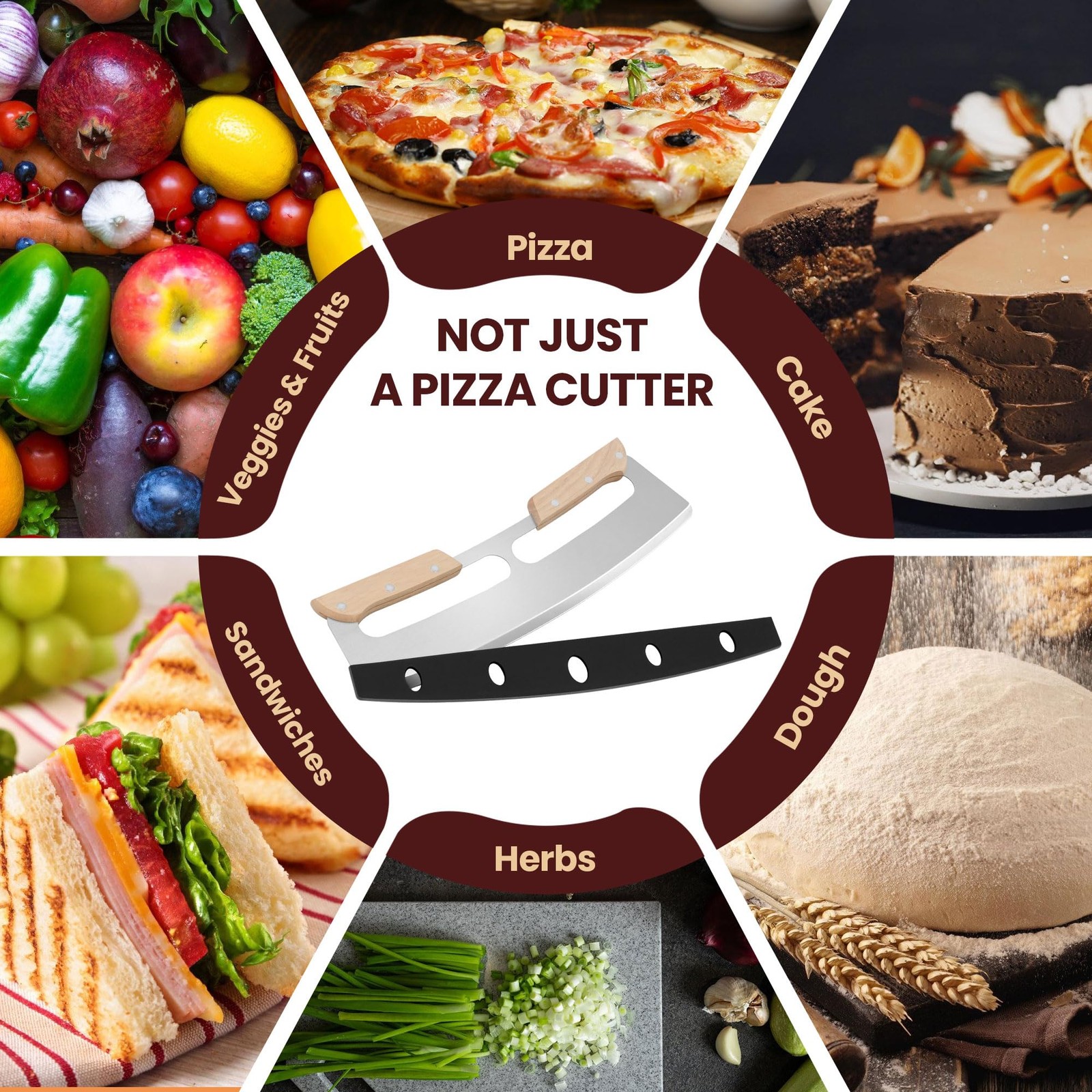 Gicyiit Pizza Cutter Rocker Blade with Wooden Handle, Premium 14inch Pizza