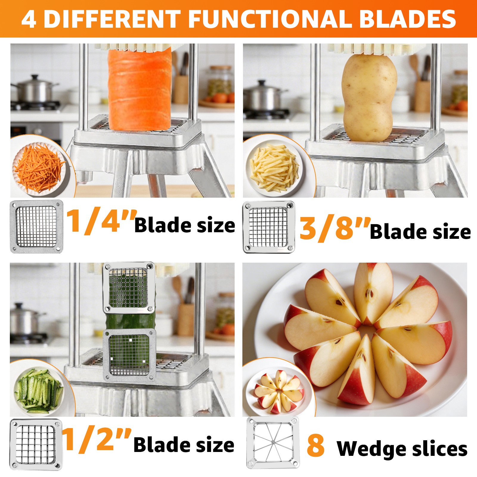 Commercial Vegetable Cutter Fruit Chopper Cutter w 4 Type Blades, Fruit Slicer