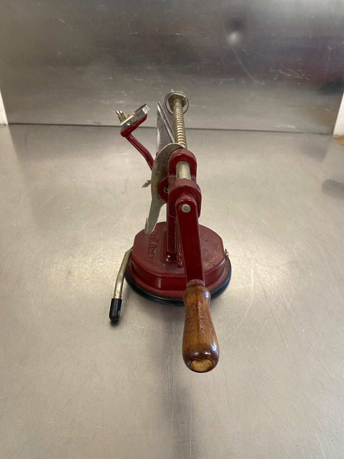 Vintage Red Peel Away Apple Potato Peeler Slicer W/Suction Base