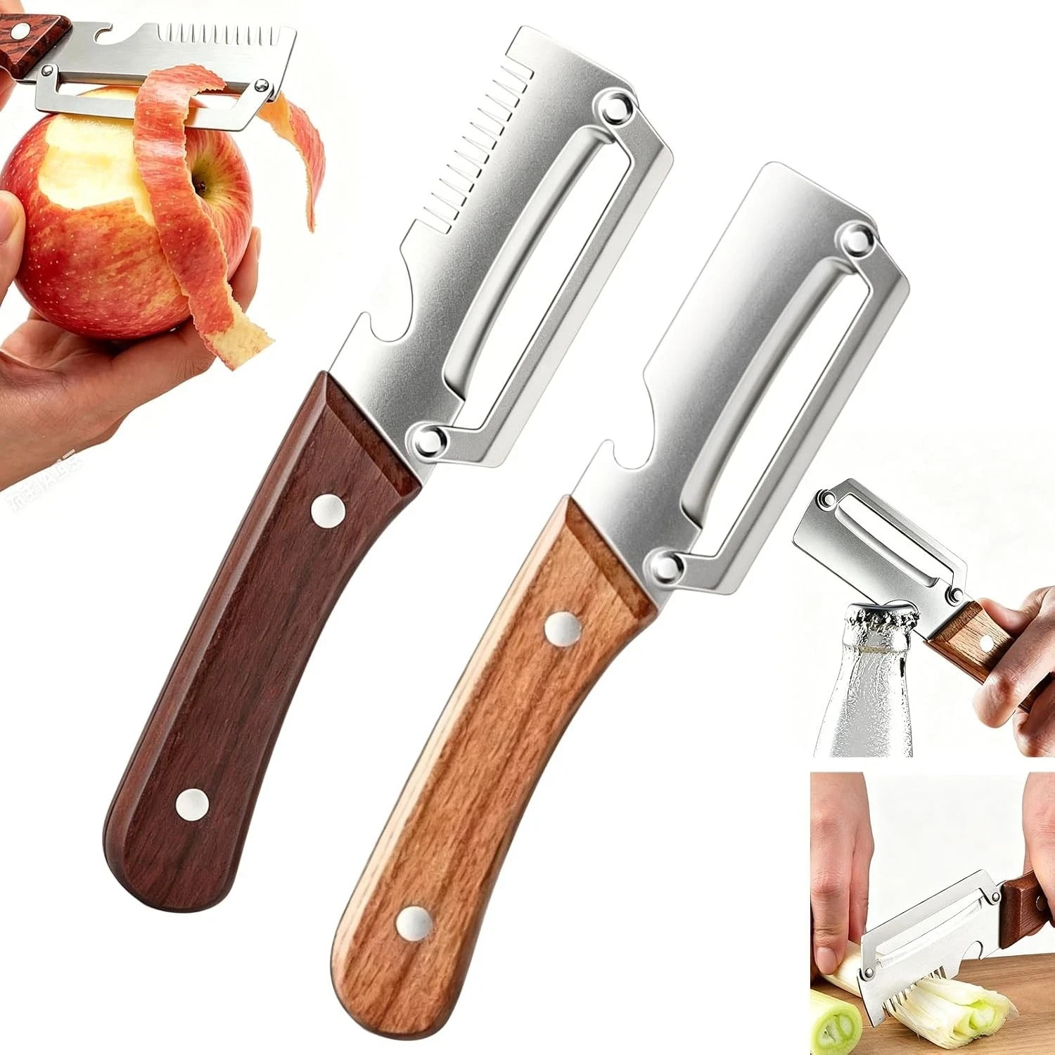 2 PCS 3-in-1 Multifunctional Vegetable Peeler with Wooden Handle,Julienne Slicer