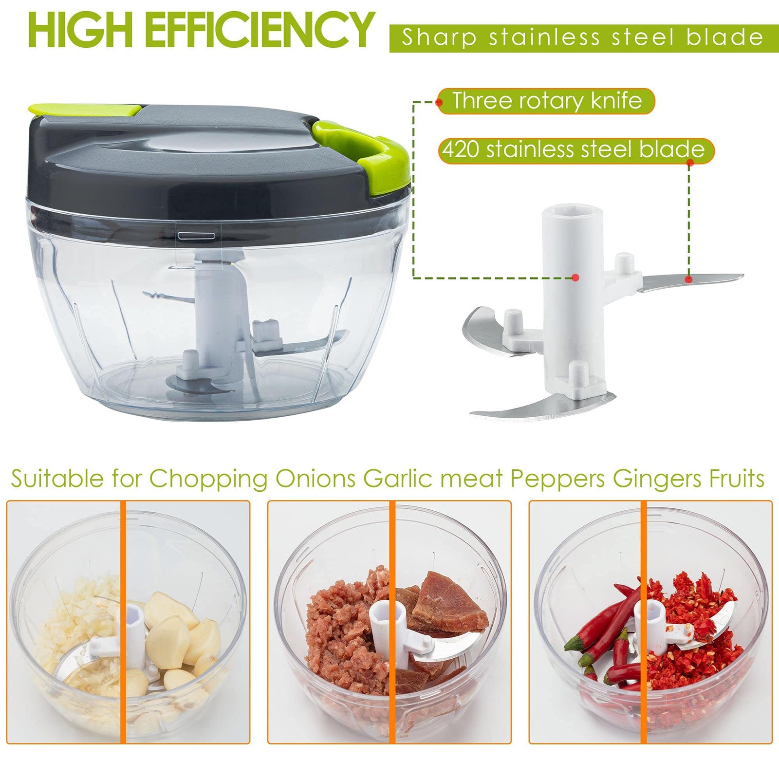 Manual Food Chopper Garlic Press Vegetable Slicer Shredder Green 500ml Kitchen T